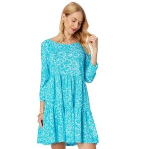 Lilly Pulitzer Geanna Dress Floral Cotton Tiered Swing Mini Blue White SIZE S
